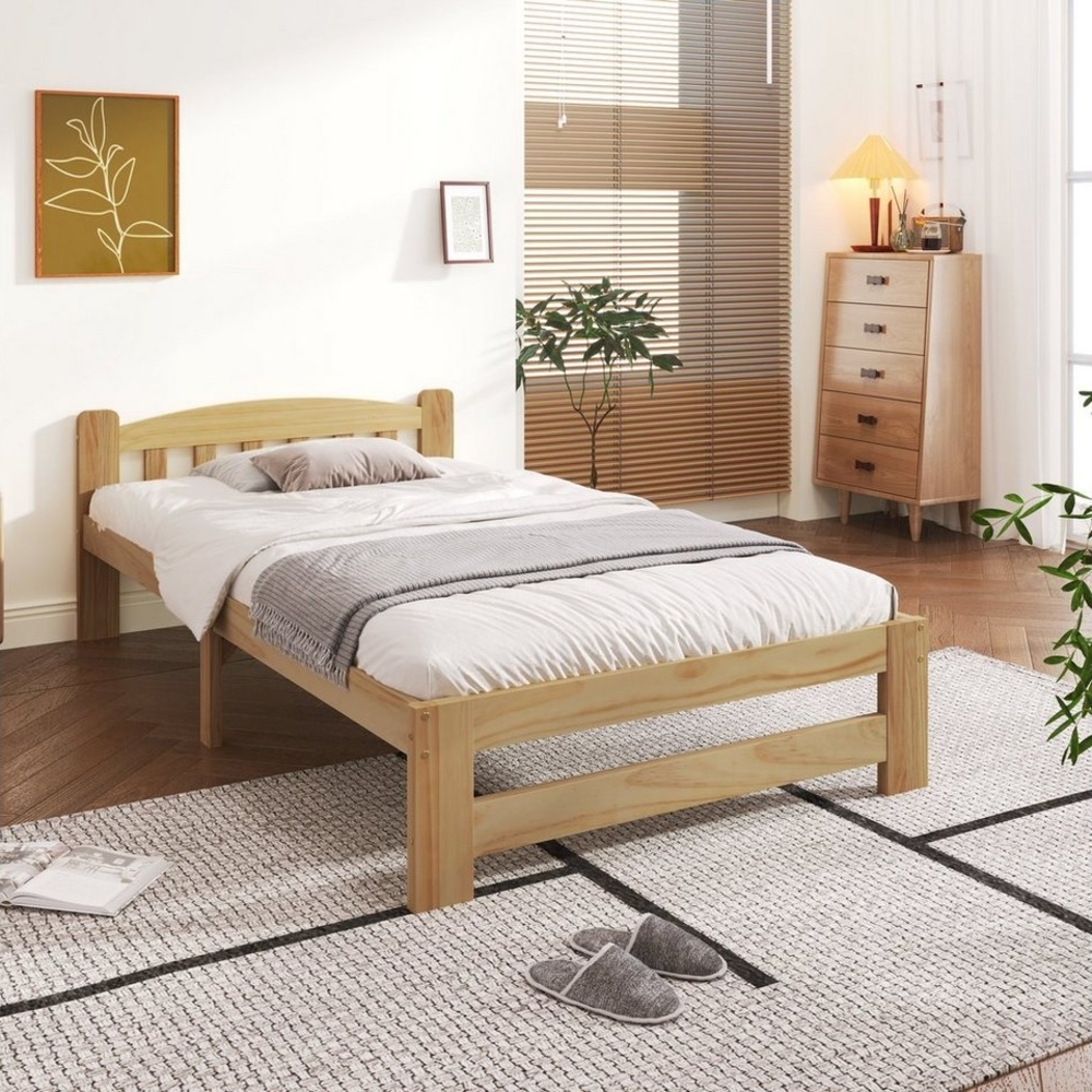 OKWISH Massivholzbett Futonbett, Doppelbett Kinderbett Funktionsbett (mit Kopfteil und Lattenroste, Jugendbett, Erwachsenenbet 90x200 cm, Massivholz Natur Bett), ohne Matratze Bild 1