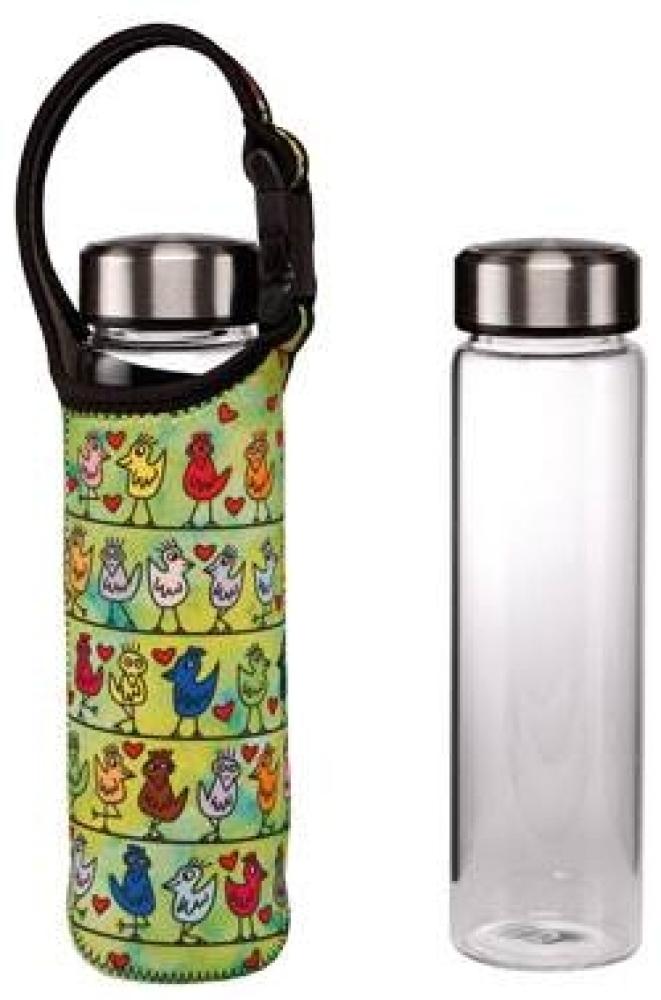 Goebel Trinkflasche James Rizzi - Birds on a Love Wire, Pop Art, Glasflasche mit Neoprenhülle, Glas-Kombi, Bunt, 700 ml, 26103021 Bild 1