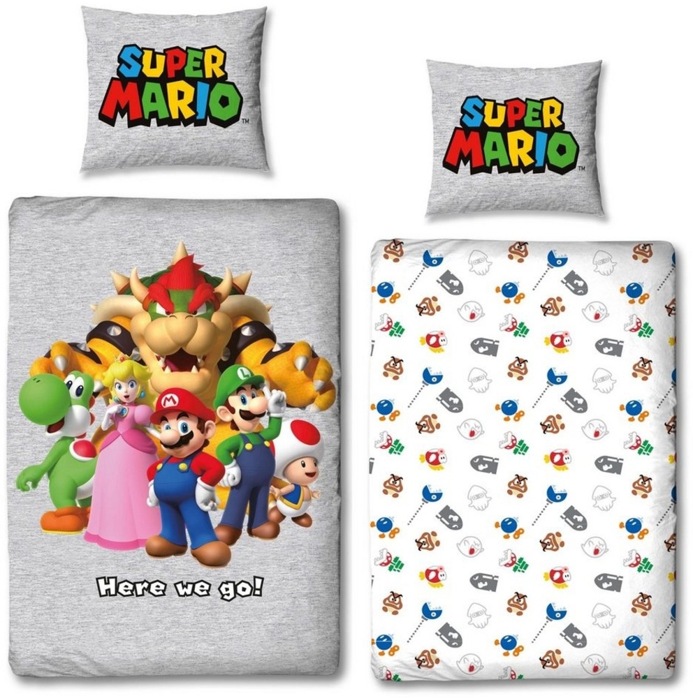 MTOnlinehandel Bettwäsche Super Mario 135x200 + 80x80 cm, 100 % Baumwolle, Renforcé, 2 teilig, offiziell lizenzierte Nintendo Bettwäsche für Kinder & Teenager Bild 1