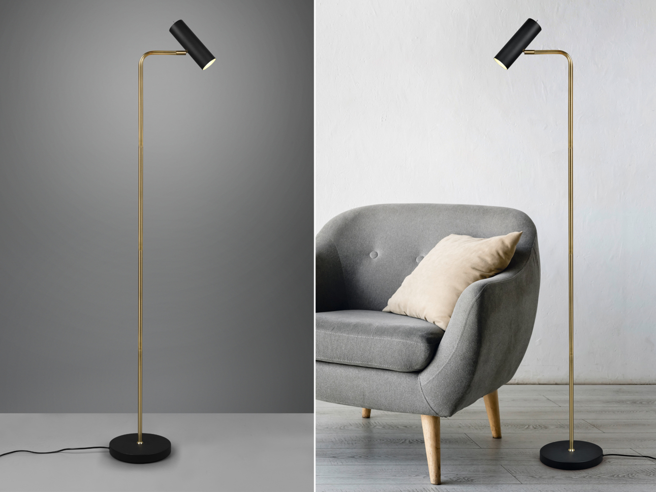 LED Stehlampe in Messing & Schwarz matt, Spot schwenkbar, Höhe 151cm Bild 1