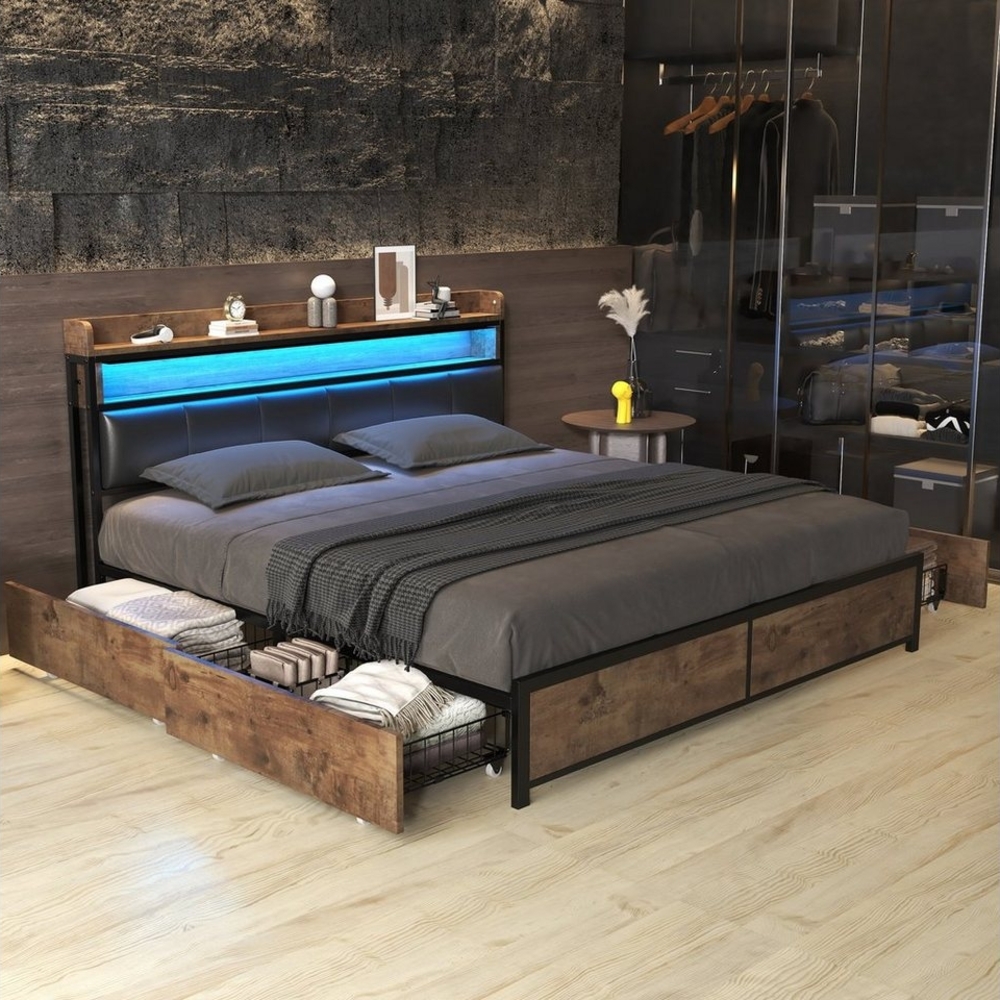 OKWISH Holzbett Polsterbett Jugendbett (140*200 mit Lattenrost und Kopfteil, LED-Bett, Jugendbett, mit 4 Schubladen), Einfache Montage, PU, schwarz Bild 1