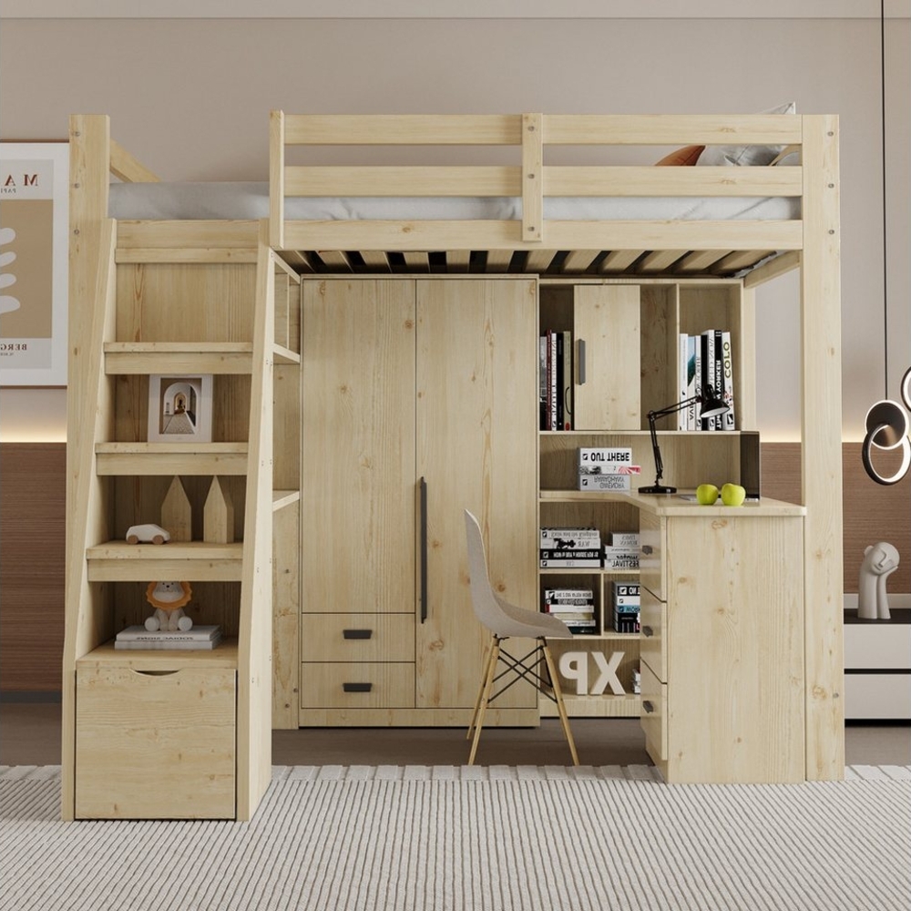 Celya Hochbett 90*200 cm, Arbeitstisch mit Regalen und Schränken (Ohne Matratze, Einzelbett Jugendbetten Kinderbetten, Massivholzrahmen) Sicherheitskletterleiter mit Stauraum, mit Stauschubladen Bild 1