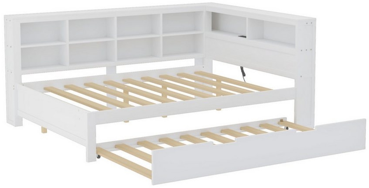 autolock Kinderbett Schlafsofa 140*200, ausziehbares Bett 90*190 mit USB-Steckdose, mehreren Ablagefächern,Massivholzbett,Multifunktionsbett aus Holz Bild 1