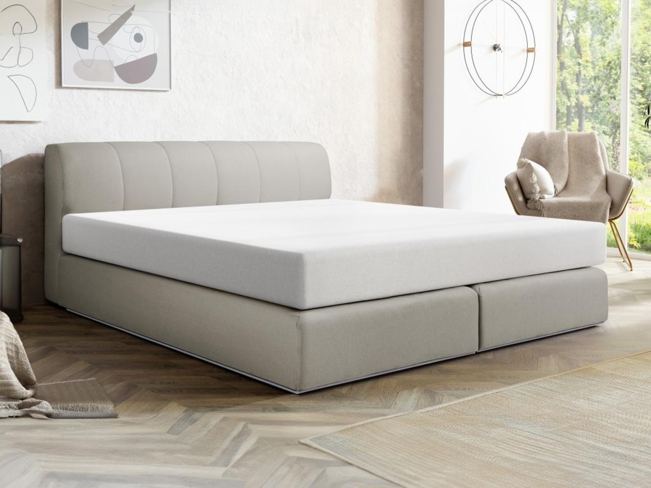 Vente-unique - Boxspringbett mit Kopfteil + Lattenrost mit LED-Beleuchtung + Matratze - 160 x 200 cm - Stoff - Grau - OTARU von YSMÉE Bild 1