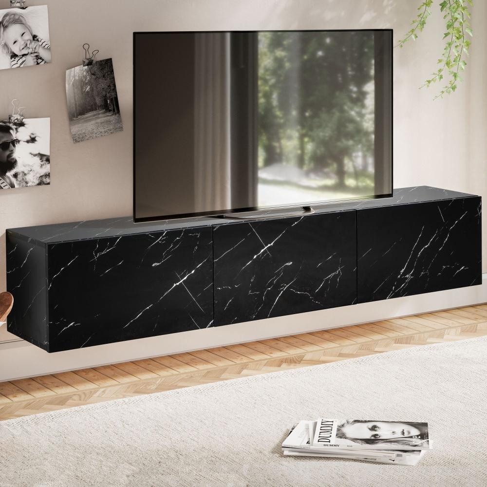 FineBuy Lowboard Hängend Marmor-Optik 160x30x30 cm TV-Schrank, Design Fernsehtisch mit Klapptüren Modern, Fernsehschrank Wand, TV-Kommode Fernsehkommode zum Aufhängen Schwarz Bild 1