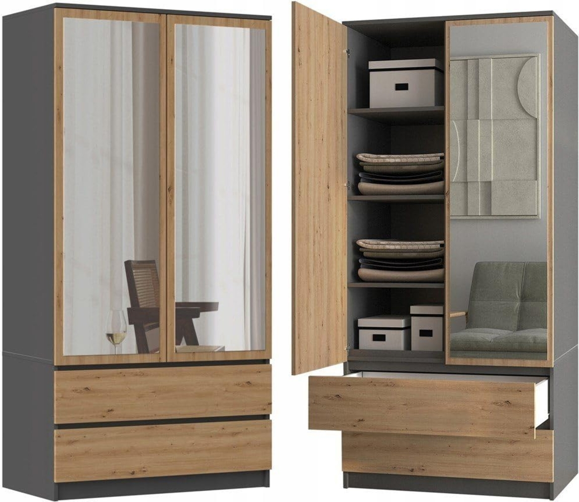 ibonto Kleiderschrank Wäscheschrank Bekleidungsschrank mit 2 Spiegeln Viel Stauraum anthrazit / artisan eiche (H 180 x T 50 x B 90 cm) Bild 1