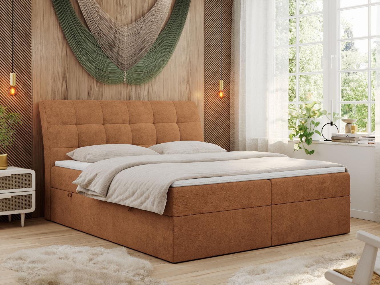 Boxspringbett Polsterbett mit Multipocket-Matratze und Topper - DIEGOS - 140x200cm - Orange Stoff - H4 Bild 1