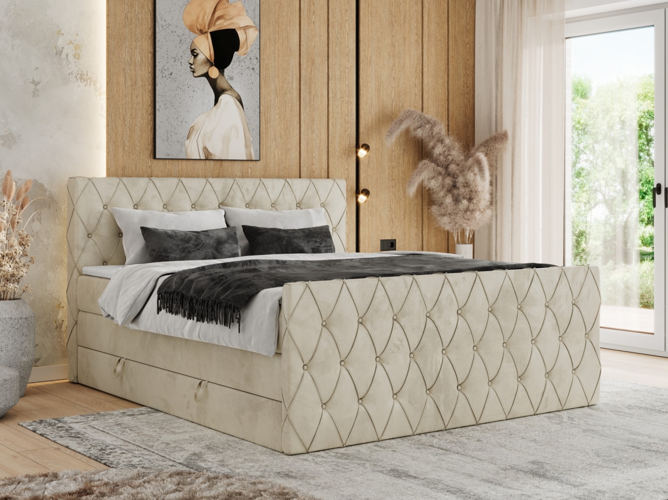 Boxspringbett, Doppelbett mit Fußteil, Multipocket-Matratzen und Topper, gestepptes Kopfteil und Front - MIREN KING DUO - 160x200 cm - Beige Velours - H3 Bild 1