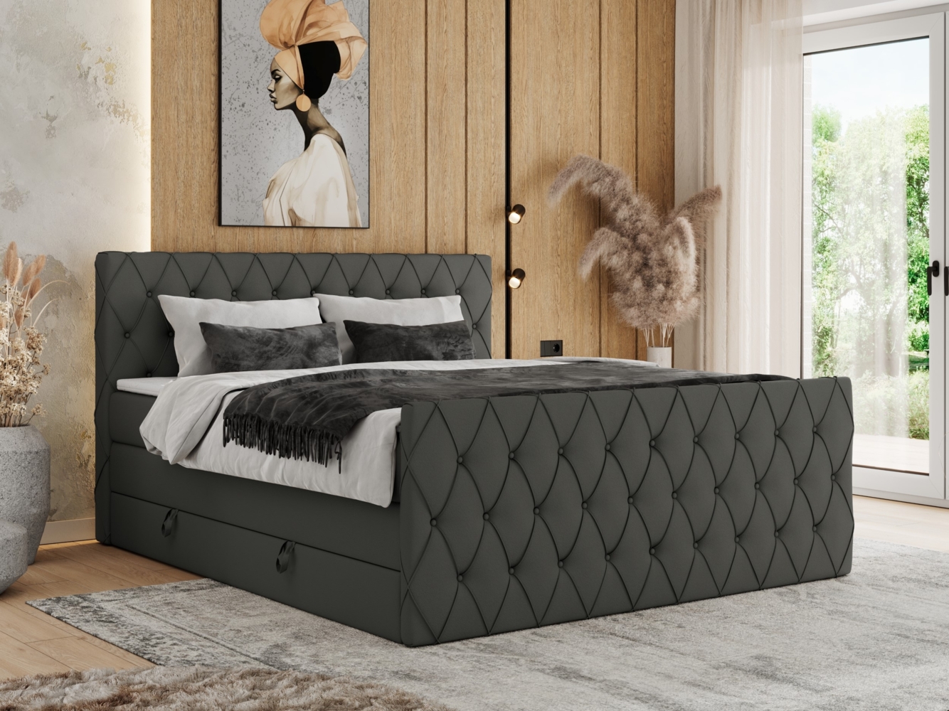 Boxspringbett, Doppelbett mit Fußteil, Multipocket-Matratzen und Topper, gestepptes Kopfteil und Front - MIREN KING DUO - 140 x 200 cm - Grau Kunstleder - H4 Bild 1