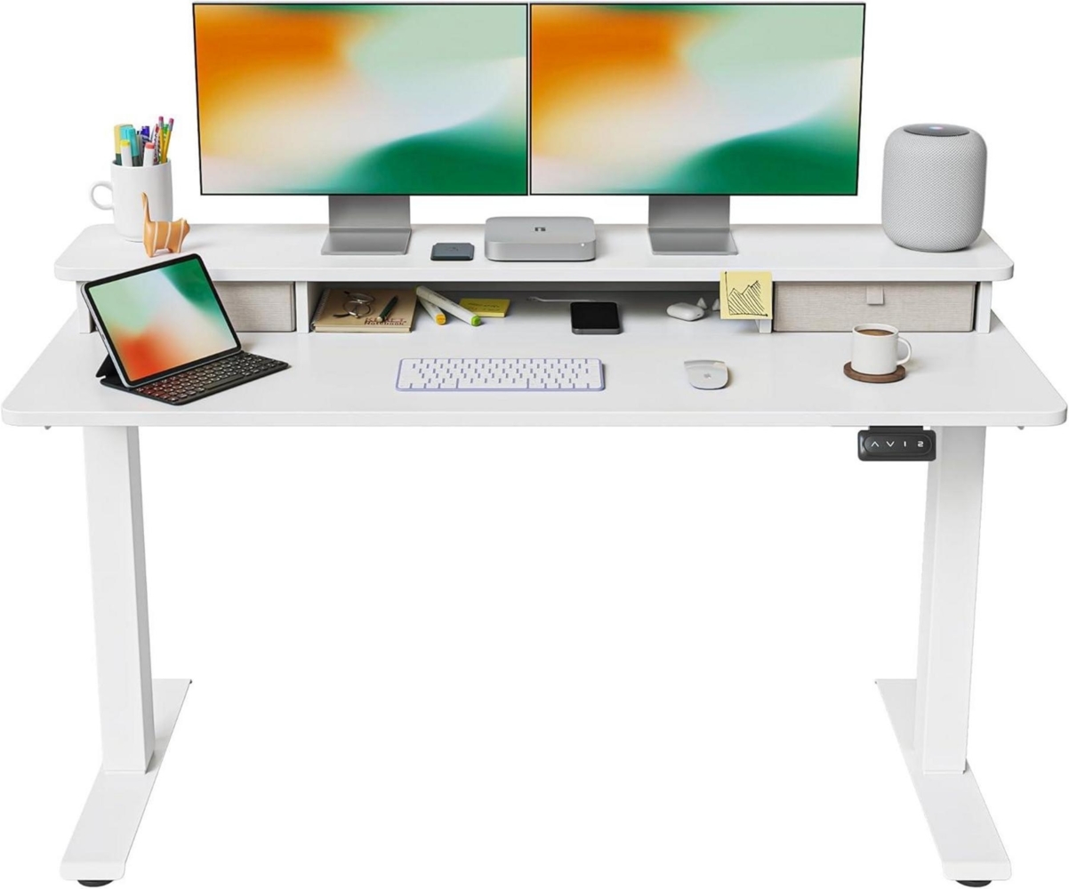 FEZIBO Elektrischer Stehtisch Doppelschublade 140x60cm Ablage Weißer Bild 1