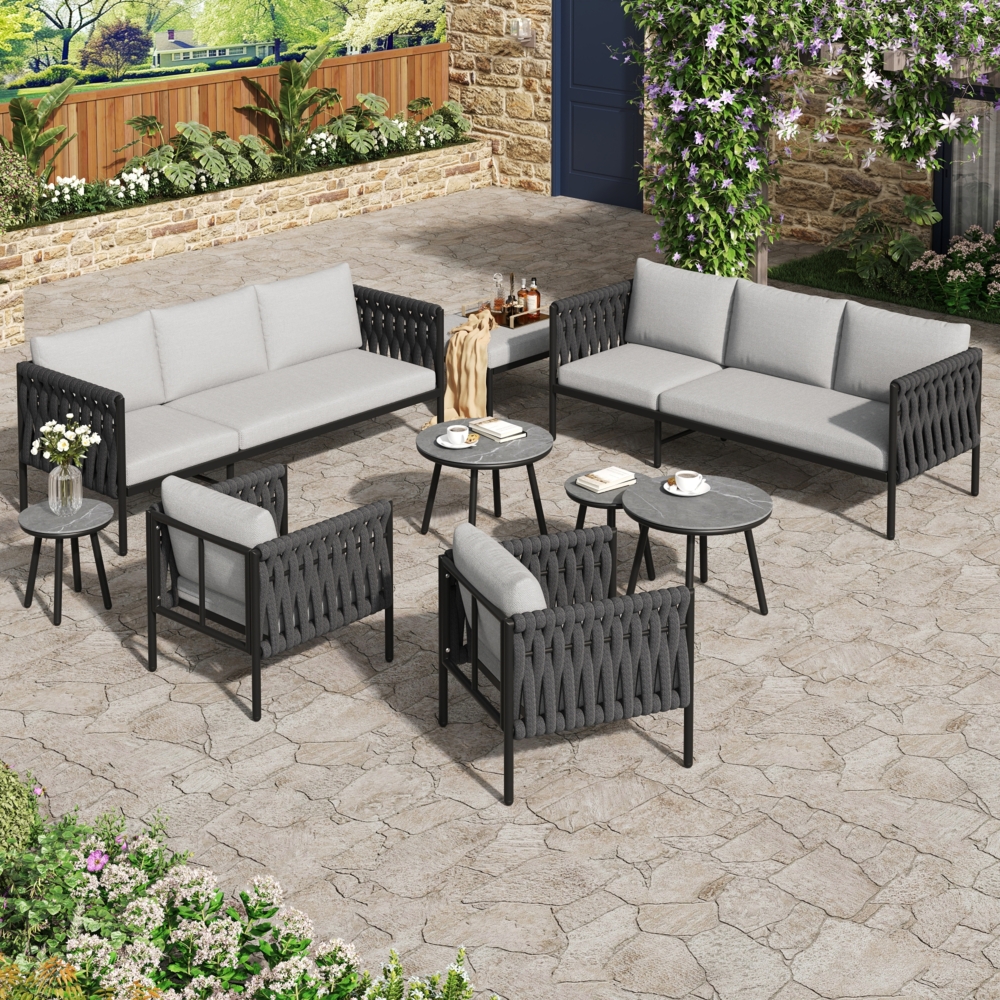 Merax Gartenlounge-Set 9-tlg. für 9 Personen, Gartenmöbelset Balkonmöbelset mit 4 Tischen, Gartensofa aus Seil mit Kissen, Sofagarnitur Grau Bild 1