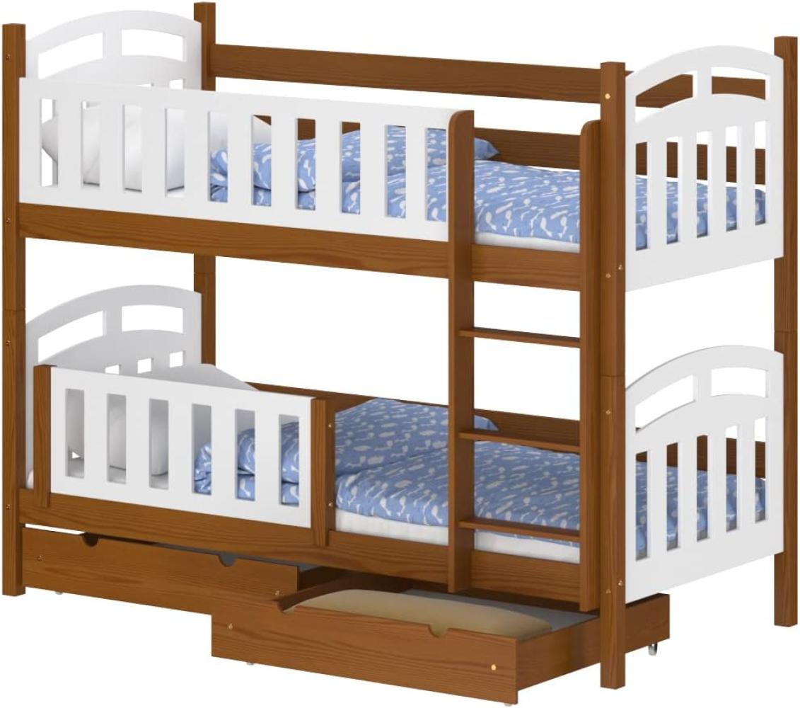 WNM Group Hochbett mit Rausfallschutz und 2 Schubladen Suzie - aus Massivholz - Kinderbett fr Mdchen und Jungen - Absturzsicherung Kinderhochbetten 200x90 cm - Braun Bild 1