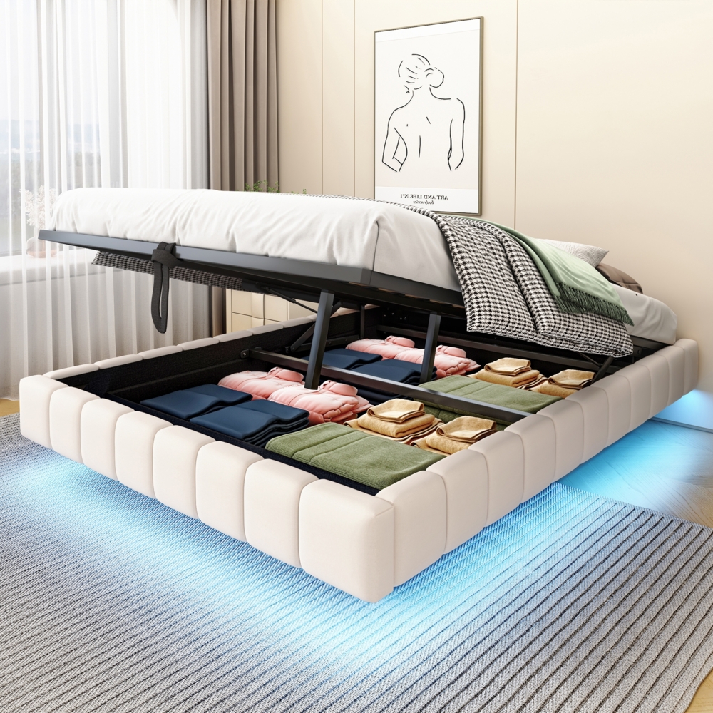Merax Polsterbett 140x200 cm, Hydraulischer Schwebebettrahmen mit Stauraum, Multifunktionales Polsterbett ohne Kopfteil mit LED-Licht, Leinen Beige Bild 1
