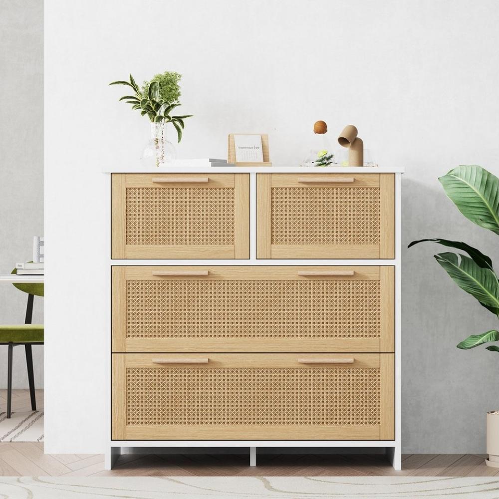 MODFU Sideboard Rattanschrank (Sideboard mit 4-Schubladen und Massivholzgriffen), Maße: B80/H80/T38 cm Bild 1