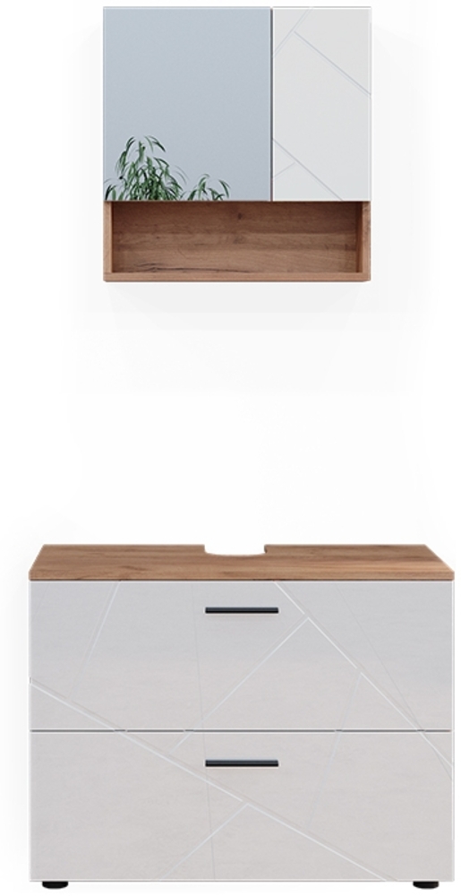 Badmöbel-Set Irma Weiß Hochglanz/Goldkraft Eiche 2 Teile Vicco Bild 1