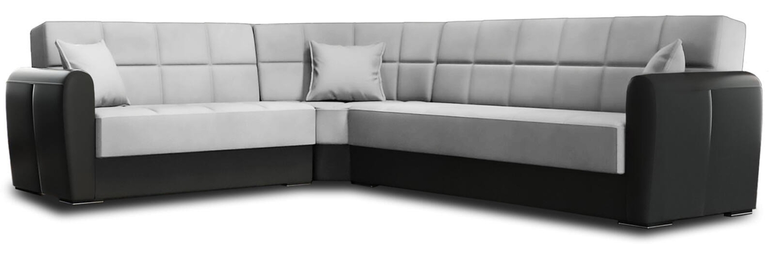 Dmora Schlafsofa mit Halbinsel Gaillardia, Sofa mit Stauraum aus Öko-Leder und Stoff, Sofa mit Klick-Klack-Öffnung, 305 x 238 x 91 cm, Schwarz und Hellgrau Bild 1