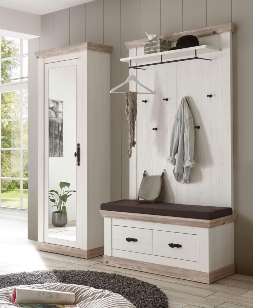 Garderobe Florenz 180cm pinie weiß oslo pinie Sitzbank Sitzkissen Schrank Wandpaneel Bild 1