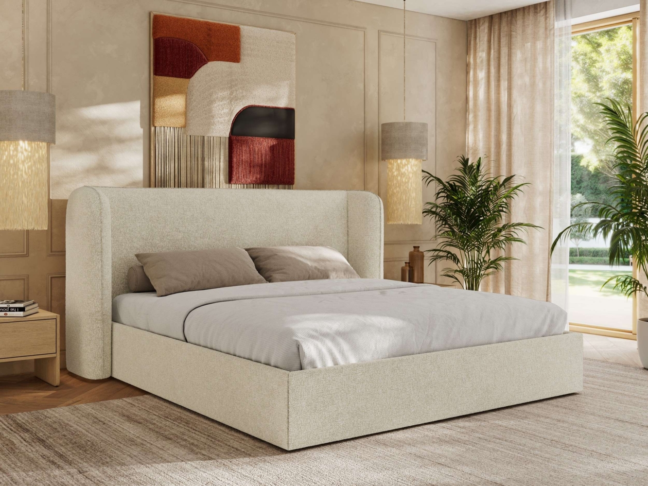 Polsterbett Bett mit Holzlattenrost Schlafzimmer Bett Doppelbett gepolstertes Kopfteil Pocket Matratze - EMORA CLASSIC - 200x200 cm - Creme Strukture - VIRE LUX Bild 1