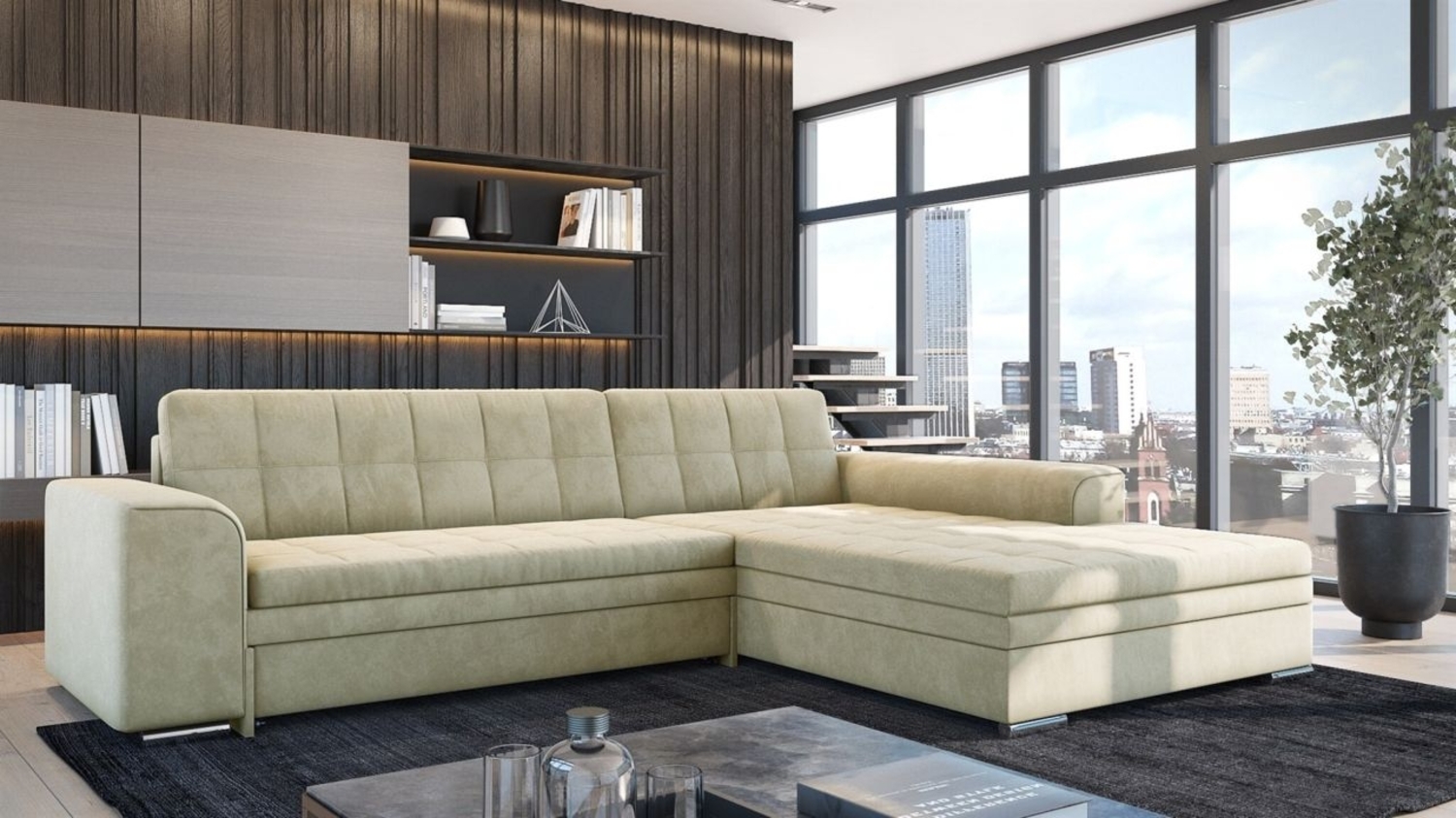 Ecksofa Schlafsofa Sofa LUSAKA in Stoff Fresh Creme Ottomane Rechts Bild 1