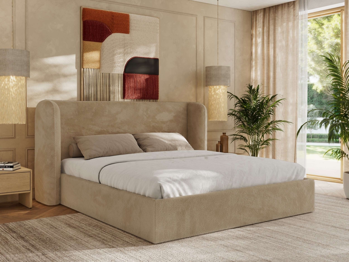 Polsterbett Bett mit Holzlattenrost Schlafzimmer Bett Doppelbett gepolstertes Kopfteil Multipocket Matratze - EMORA CLASSIC - 200x200 cm - Beige Plüsch - ELORI LUX Bild 1