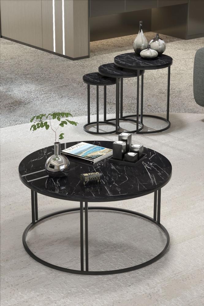 Couchtisch und 3 Satztische Set 44 x 70 cm Spanplatte/metallprofil/pvc Marmor Dekor - schwarz 89321608 [en. casa] Bild 1