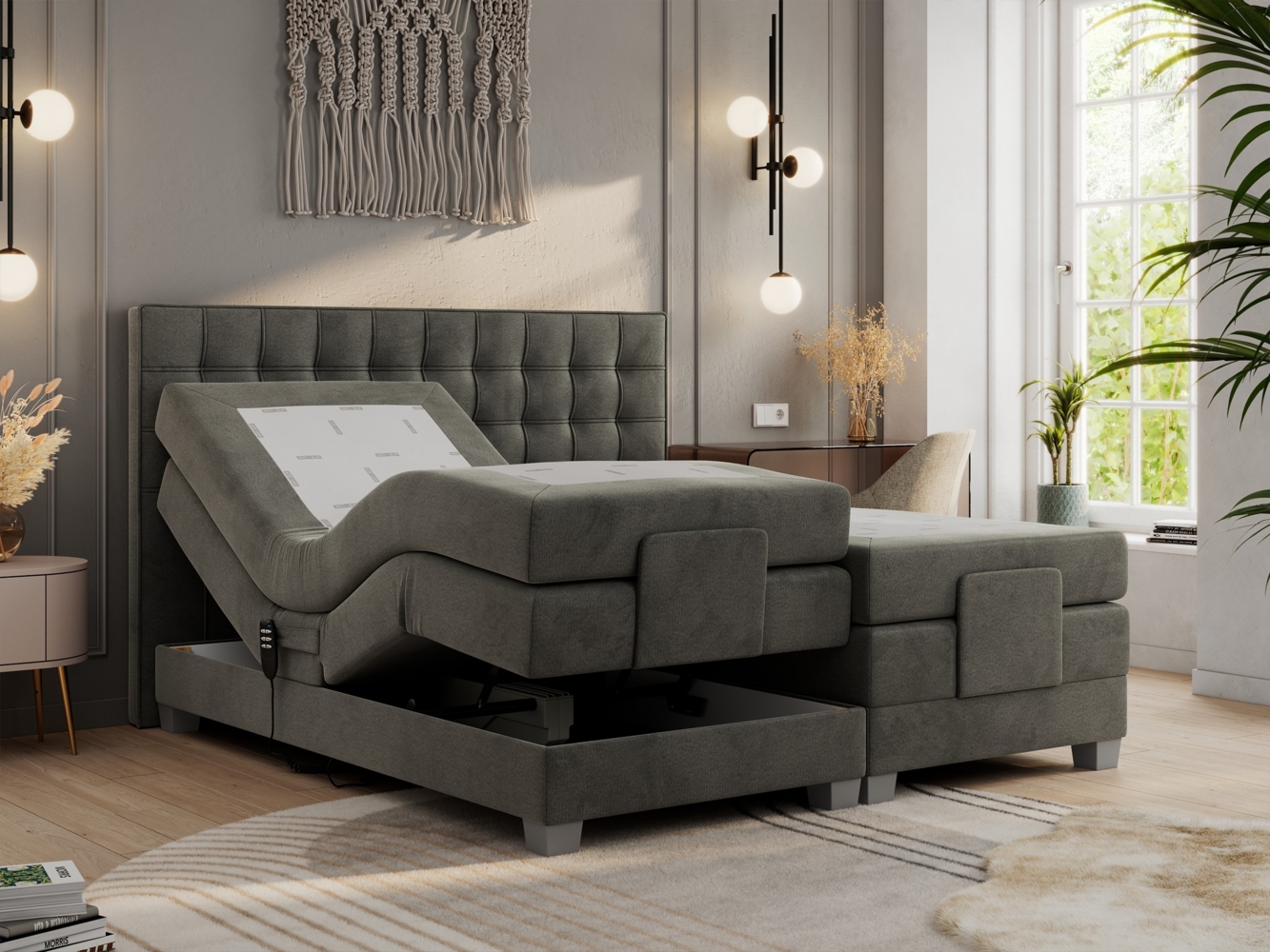 Boxspringbett elektrisch verstellbar, Schlafzimmerbett, Bettkasten - ELEKTRO - 140 x 200 cm - Dunkelgrau Velvet - H3 Bild 1
