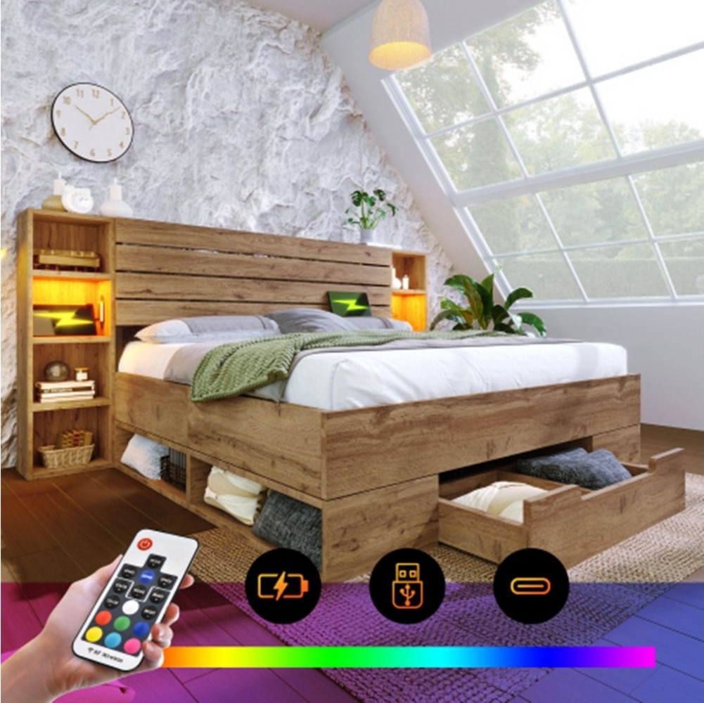 XDeer Massivholzbett Doppelbett Massivholzbett 180×200, Stauraumbett Bettanlage, mit LED-Beleuchtung und USB C Stauraum-Kopfteil,Bettgestell Lattenrost Bild 1