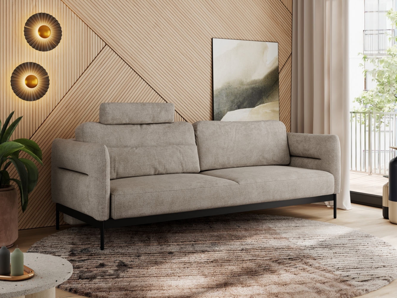 Sofa mit Schlaffunktion, schwarze MetallStoff, mobile Kopfstütze, Schlafsofa mit losen Kissen - SALENTO - Beige Stoff Bild 1