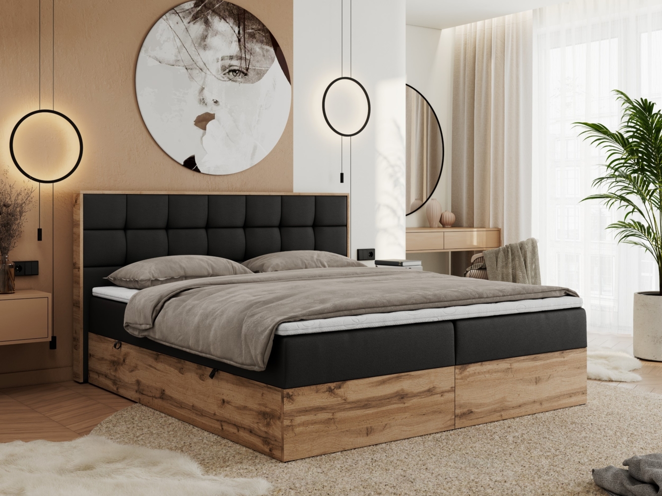 Boxspringbett mit Kopfteil und Topper, Polsterbett - ALBERO 1 - 180 x 200 cm - Schwarz Kunstleder - H3 Bild 1