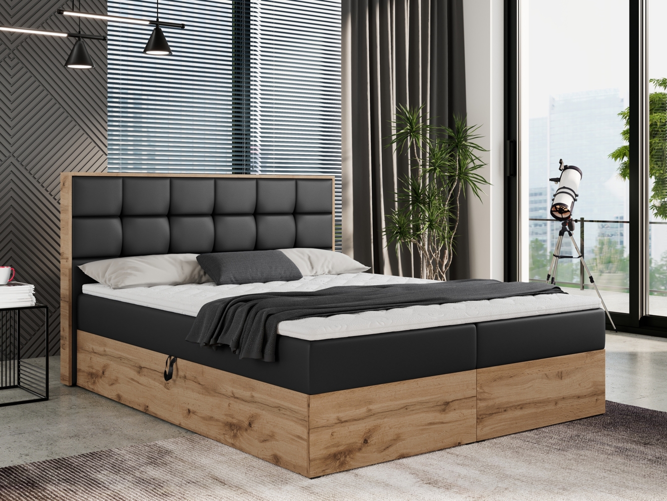 Boxspringbett mit Kopfteil und Topper, Polsterbett - ALBERO 1 - 180 x 200 cm - Schwarz Kunstleder - H3 Bild 1