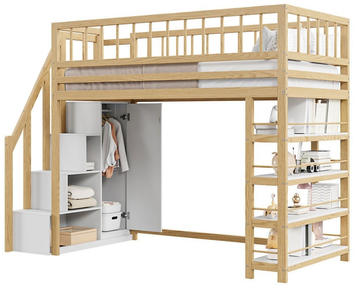 REDOM Kinderbett Stauraumbett, Hochzaun-Sicherheitsdesign (ideal für Schlafzimmer & Kinderzimmer, langlebiges Massivholz, mit Sicherheitskletterleiter, Multifunktionsbett 90 x 200 cm), ohne Matratze Bild 1