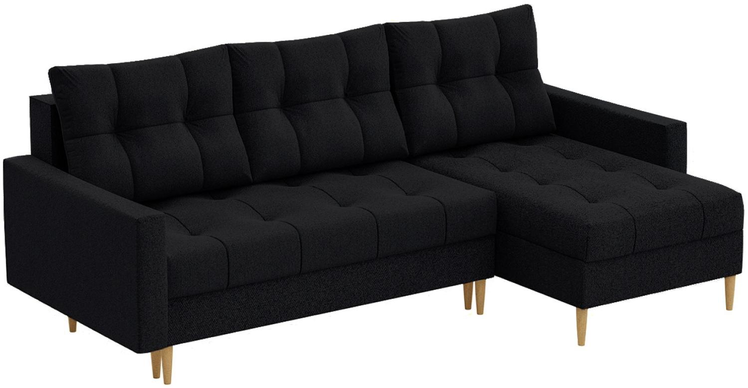 MEBLINI Schlafcouch mit Bettkasten - SCANDO - 220x140x75cm - Schwarz Stoff - Kleines Ecksofa mit Schlaffunktion - Sofa mit Relaxfunktion und Kissen - Kleine Couch L-Form - Eckcouch Bild 1