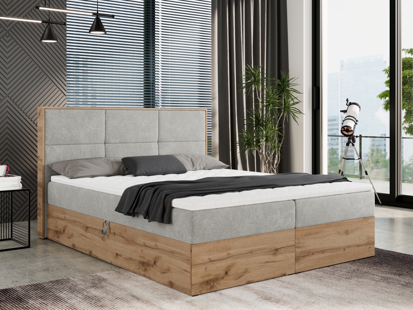 Boxspringbett mit Kopfteil und Topper, Polsterbett - ALBERO 2 - 140 x 200 cm - Hellgrau Stoff - H4 Bild 1