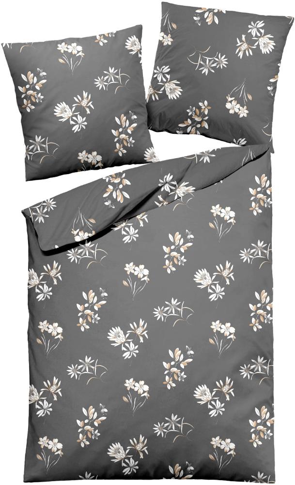 Dormisette Edel Biber Bettwäsche 155x220 Blumen grau weiß sand 8078-71 Bild 1