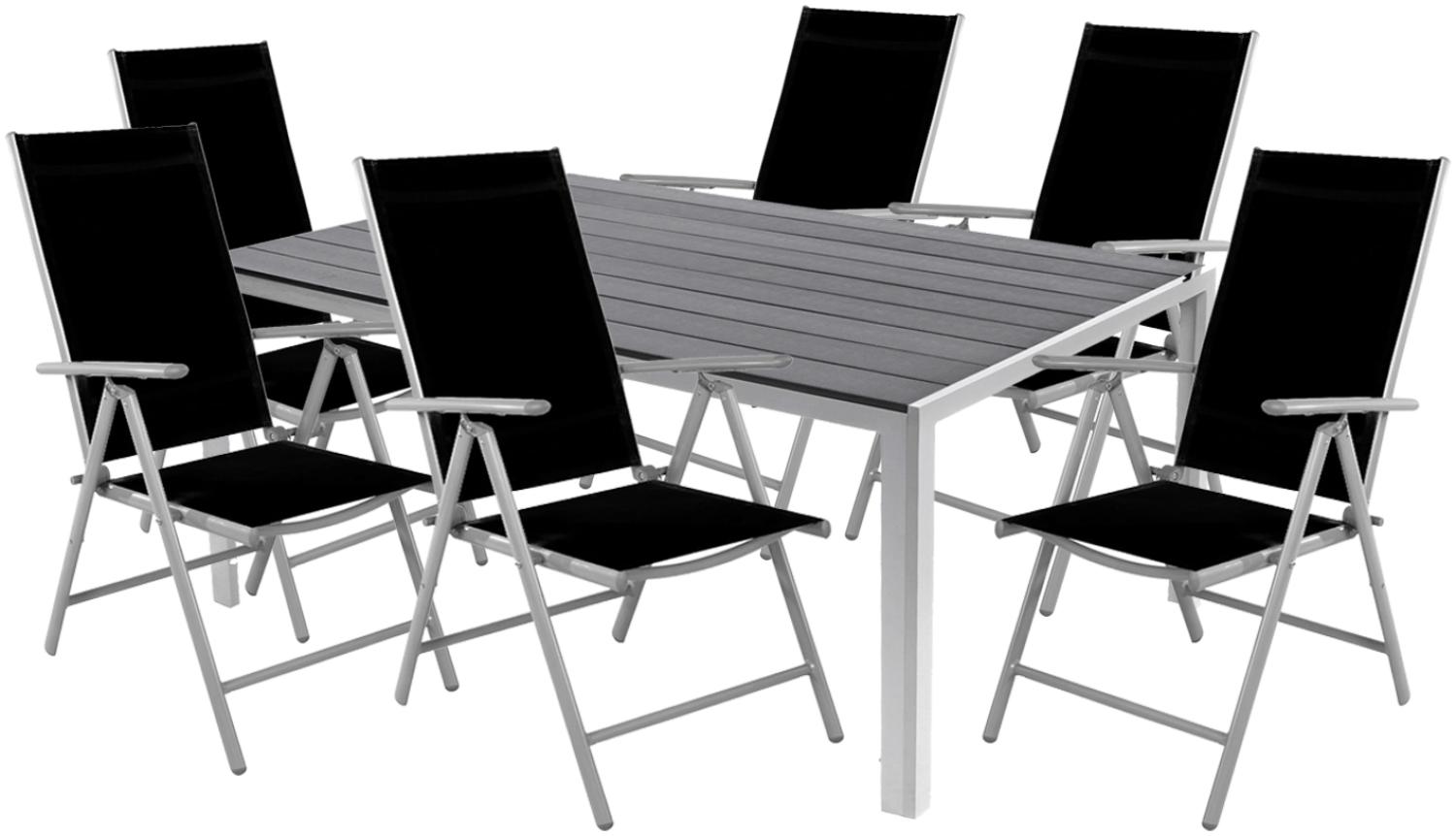 7-tlg Gartenmöbel Set Alu Non-Wood 180x90x74cm + 6 Klappstühle Silber Bild 1