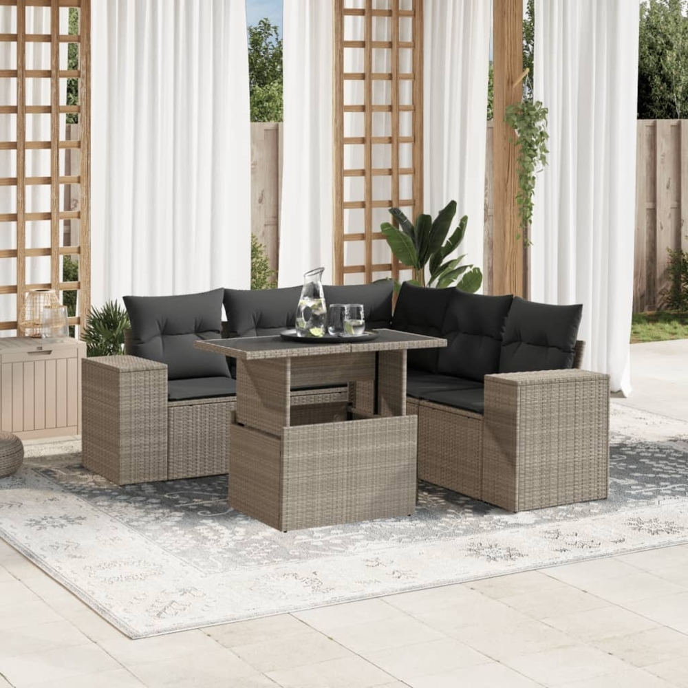 vidaXL 6-tlg. Garten-Sofagarnitur mit Kissen Hellgrau Poly Rattan 3269162 Bild 1