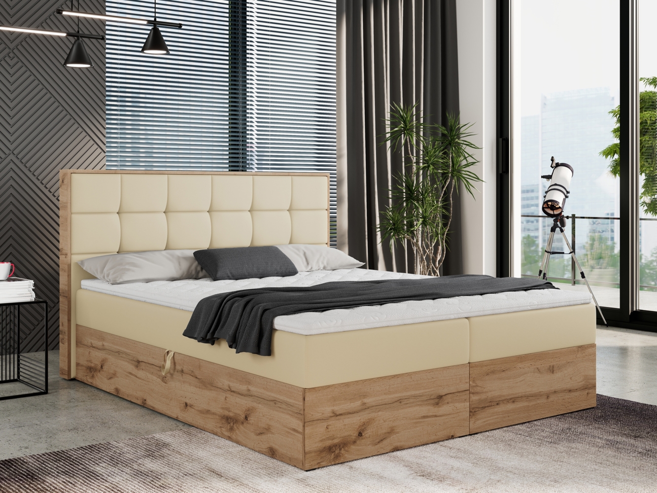 Boxspringbett mit Kopfteil und Topper, Polsterbett - ALBERO 1 - 160 x 200 cm - Creme Kunstleder - H3 Bild 1