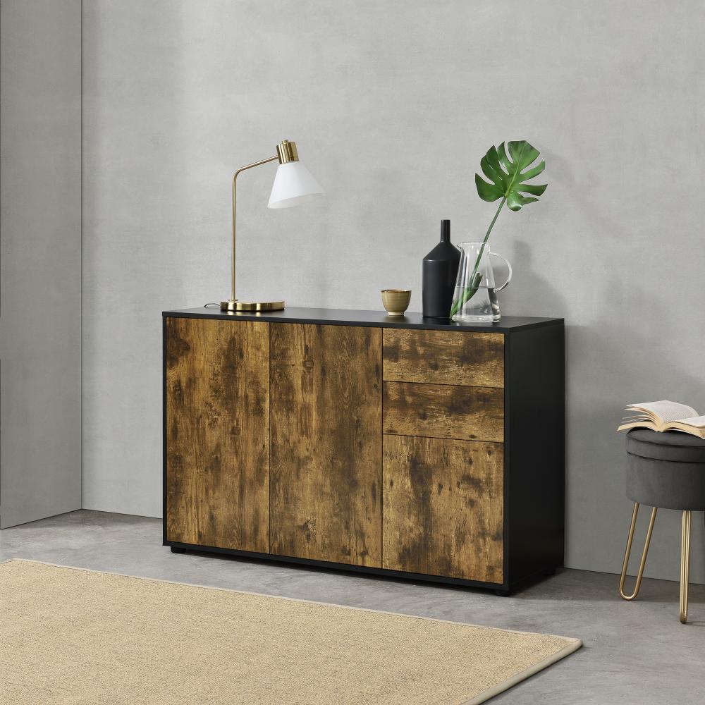 Sideboard Paarl 74x117x36 cm mt 2 Schubladen und 3 Schranktüren Schwarz/Eiche dunkel en. casa Bild 1