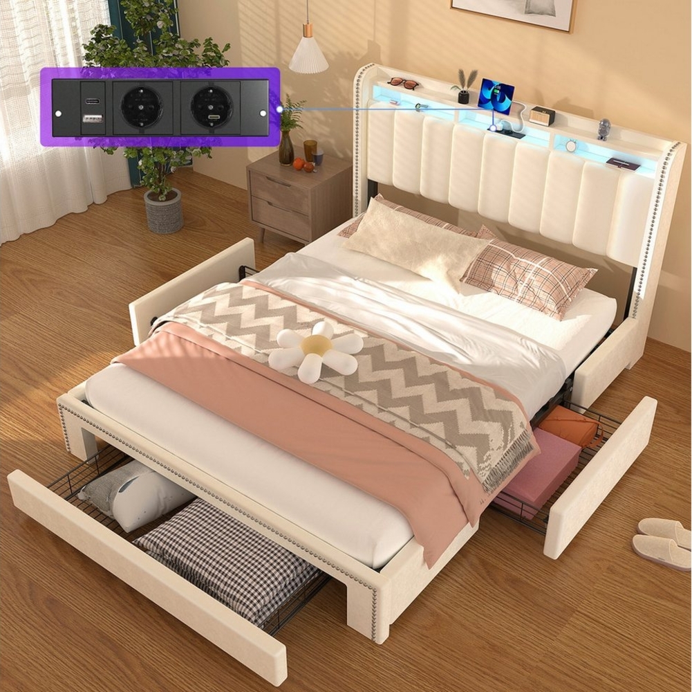 oyajia Polsterbett LED-Beleuchtung Doppelbett 140x200cm mit Ladefunktion und 3 Schubladen (Mit Lattenrost und Ladefunktion, Samt materia Polsterbett), Funktionsbett Stauraumbetten Jugendbett Bettgestell Leises Design Bett Bild 1