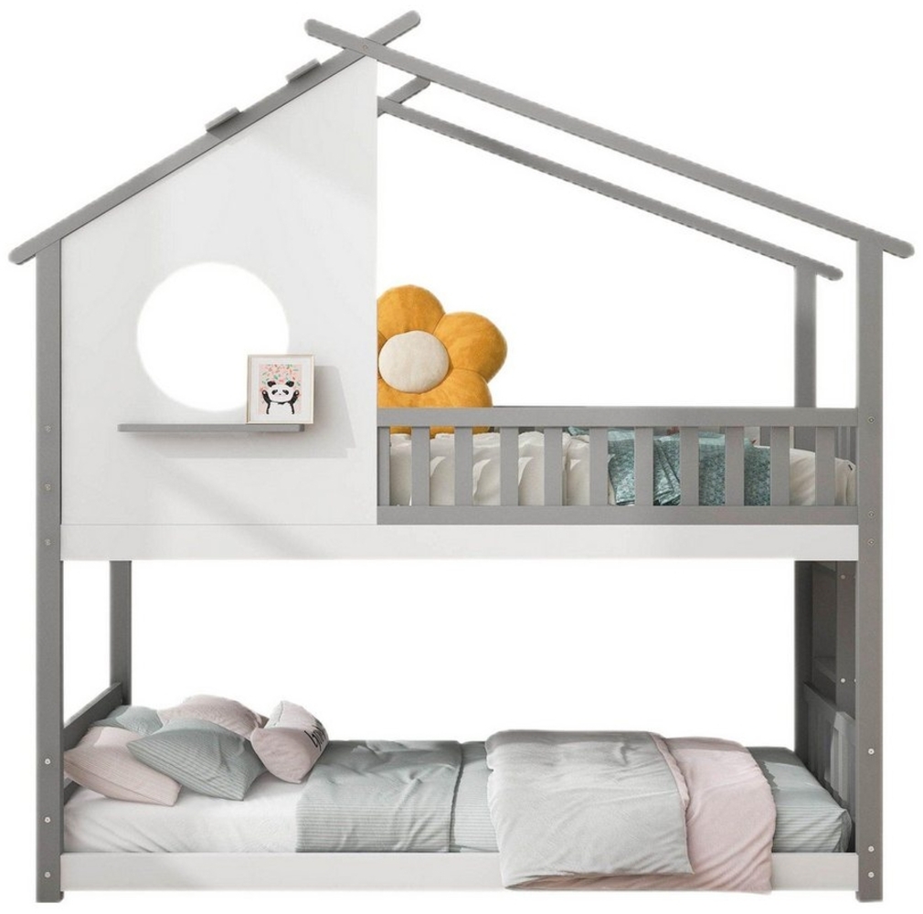 TavilaEcon Etagenbett Kinderbett Hausbett mit rechtwinkliger Leiter, 90x200cm, mit Fallschutz und Barriere, Grau+ Weiß Bild 1