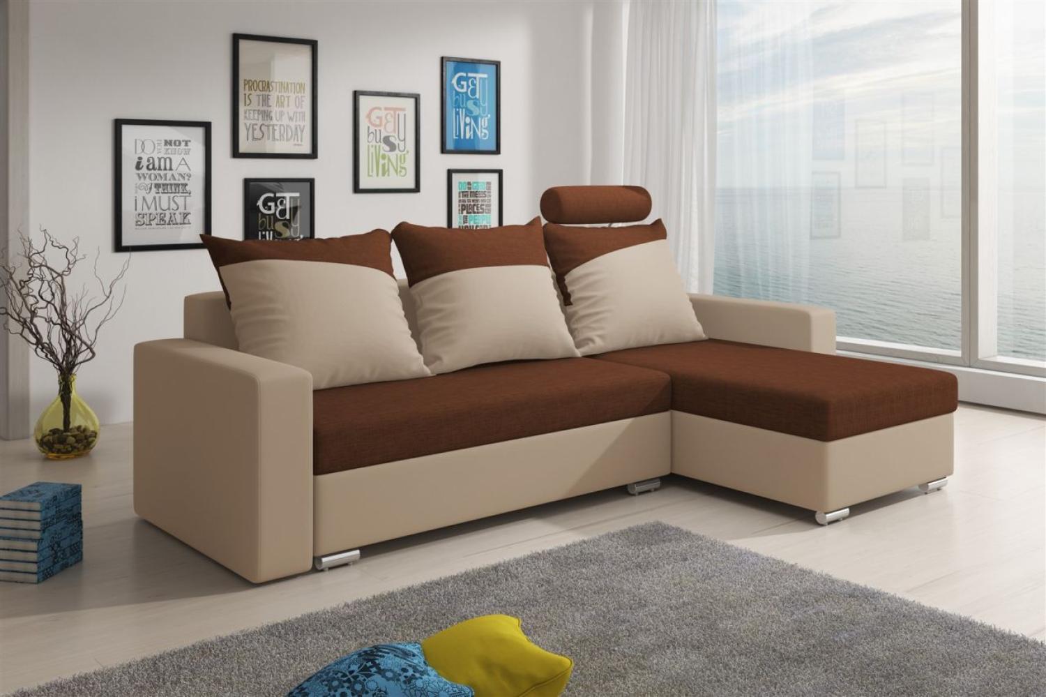 Ecksofa Sofa NORA mit Schlaffunktion Beige / Braun Ottomane Rechts Bild 1