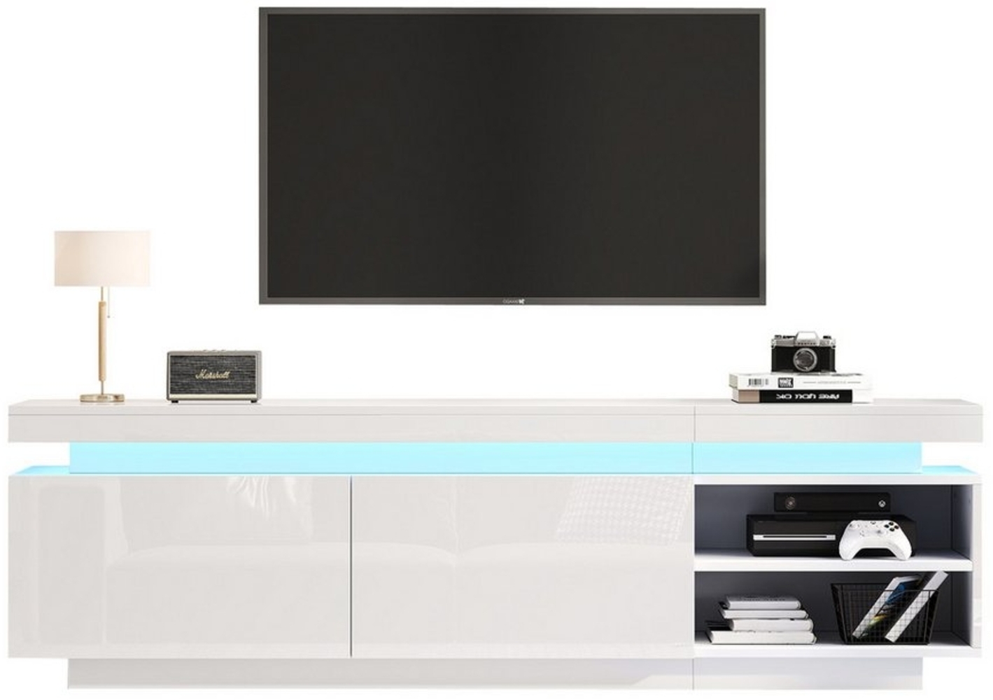 BlingBin Lowboard Hochglanz-TV-Schrank mit LED-Beleuchtung, geeignet für 70-Zoll-TVs (1er Set, 1 St, TV-Board, TV-Kommode, Tisch), Gaming-Medienständer, Aufbewahrungsschrank und großer Stauraum, weiß Bild 1