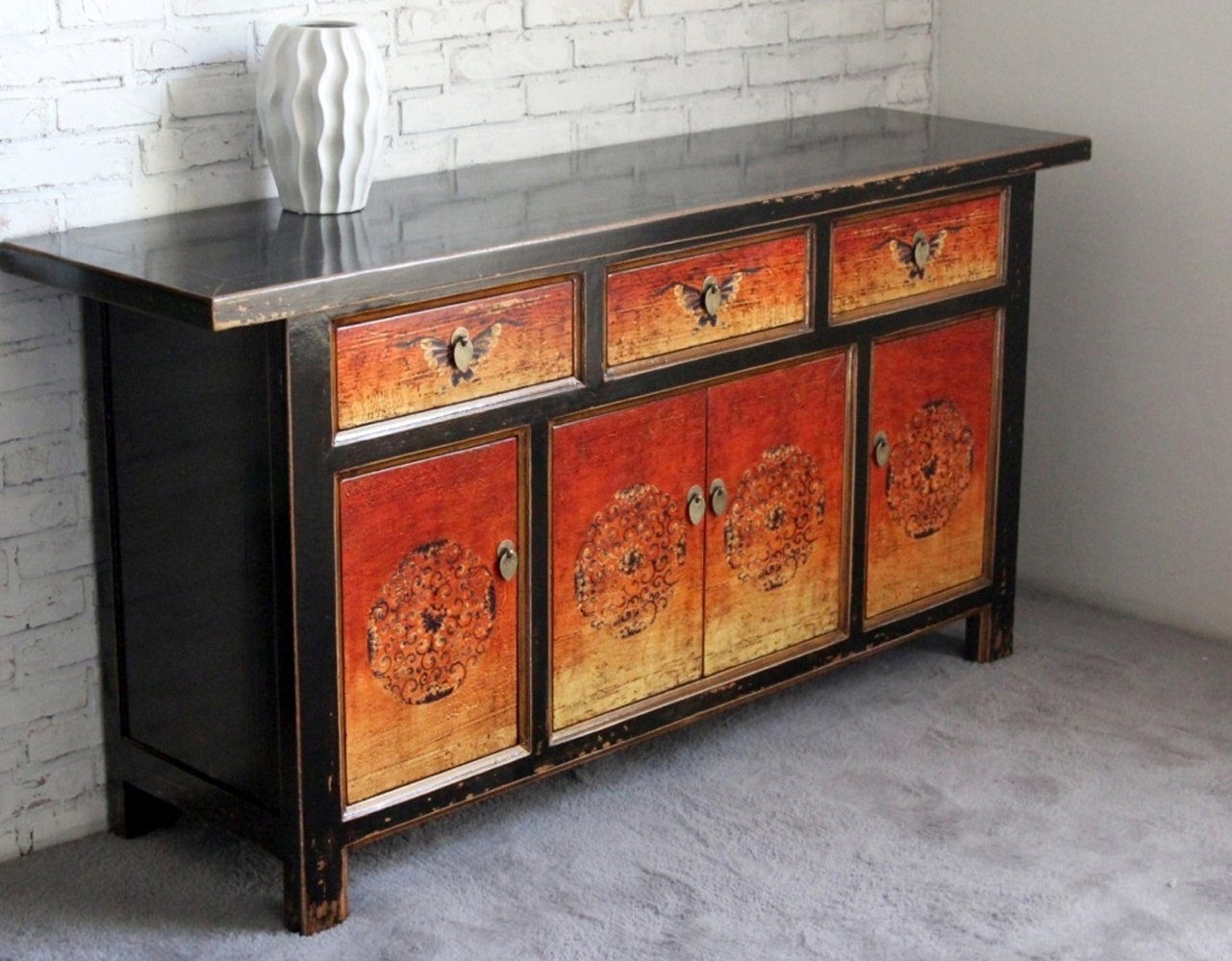 Vintage Sideboard Orange Schwarz Kommode chinesisch Kolonial-Stil Antik-Stil Schrank Lowboard asiatisch orientalisch Fernost shabby-chic Landhaus Bild 1