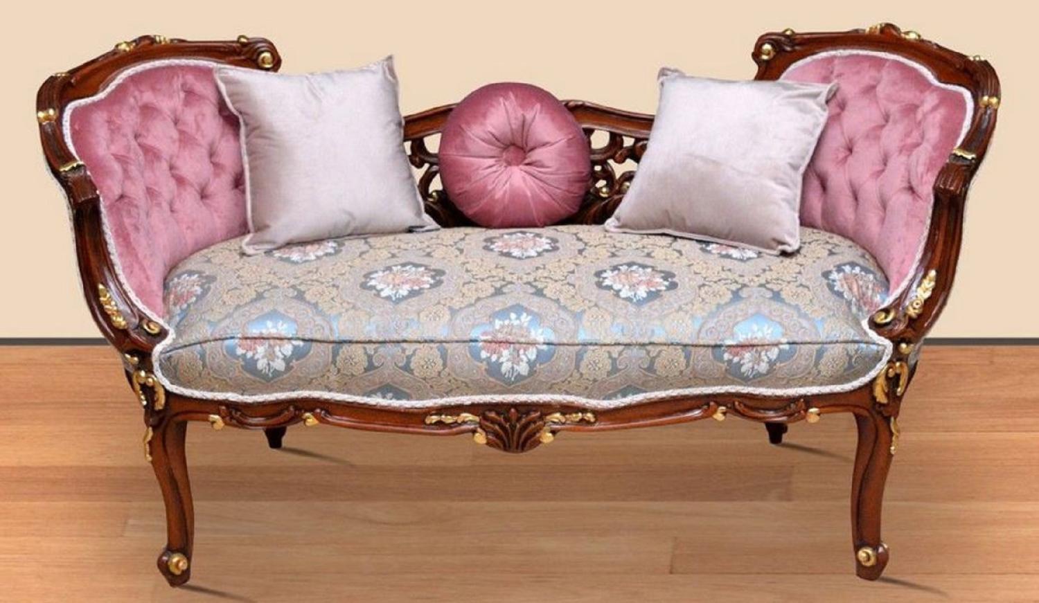 Casa Padrino Barock Sitzbank Mehrfarbig / Rosa / Braun / Gold 150 x 55 x H. 80 cm - Prunkvolle Massivholz Bank mit edlem Blumenmuster - Möbel im Barockstil Bild 1