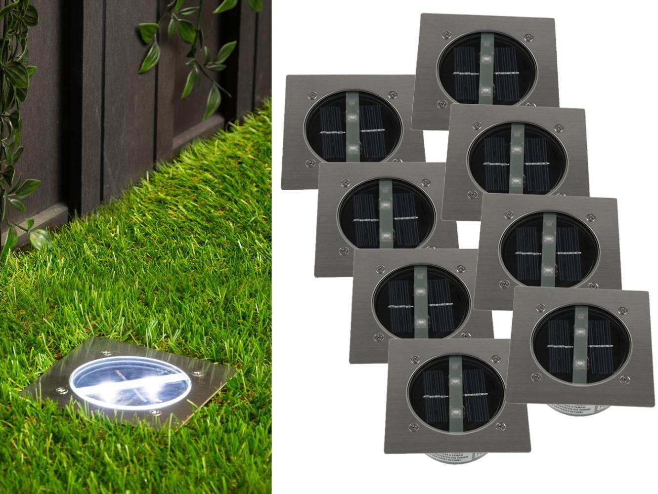 Solar LED Bodeneinbaustrahler 8er SET für Außen, Edelstahl 4-eckig 10x10cm, IP67 Bild 1