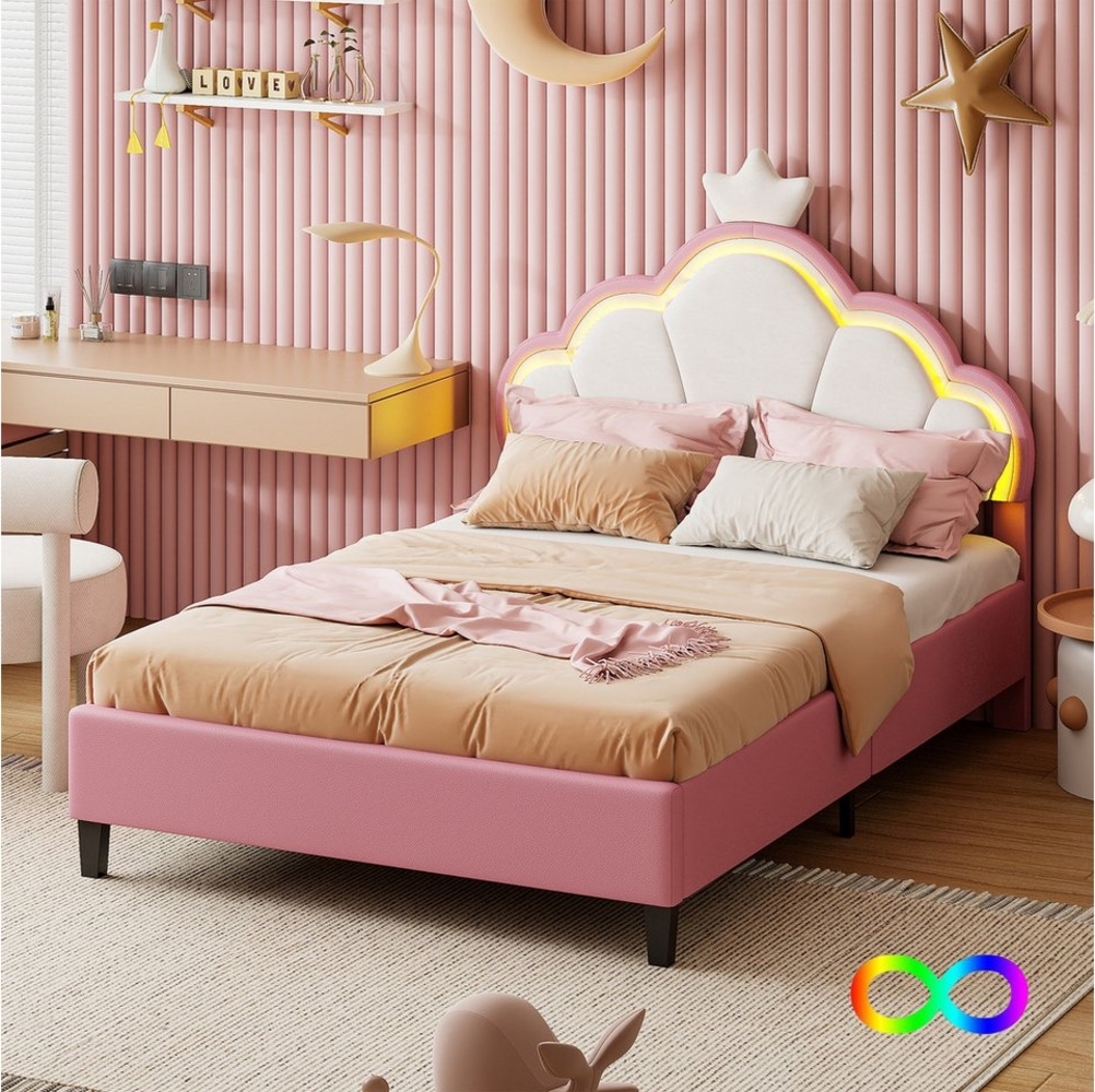 Gdood Polsterbett Kinderbett LED Prinzessinnenbett Kronenform (Set, Verstellbare Kopfteilhöhe, Sehr gut geeignet für Mädchen), inkl. LED-Beleuchtung, Samt, 140x200 cm Bild 1