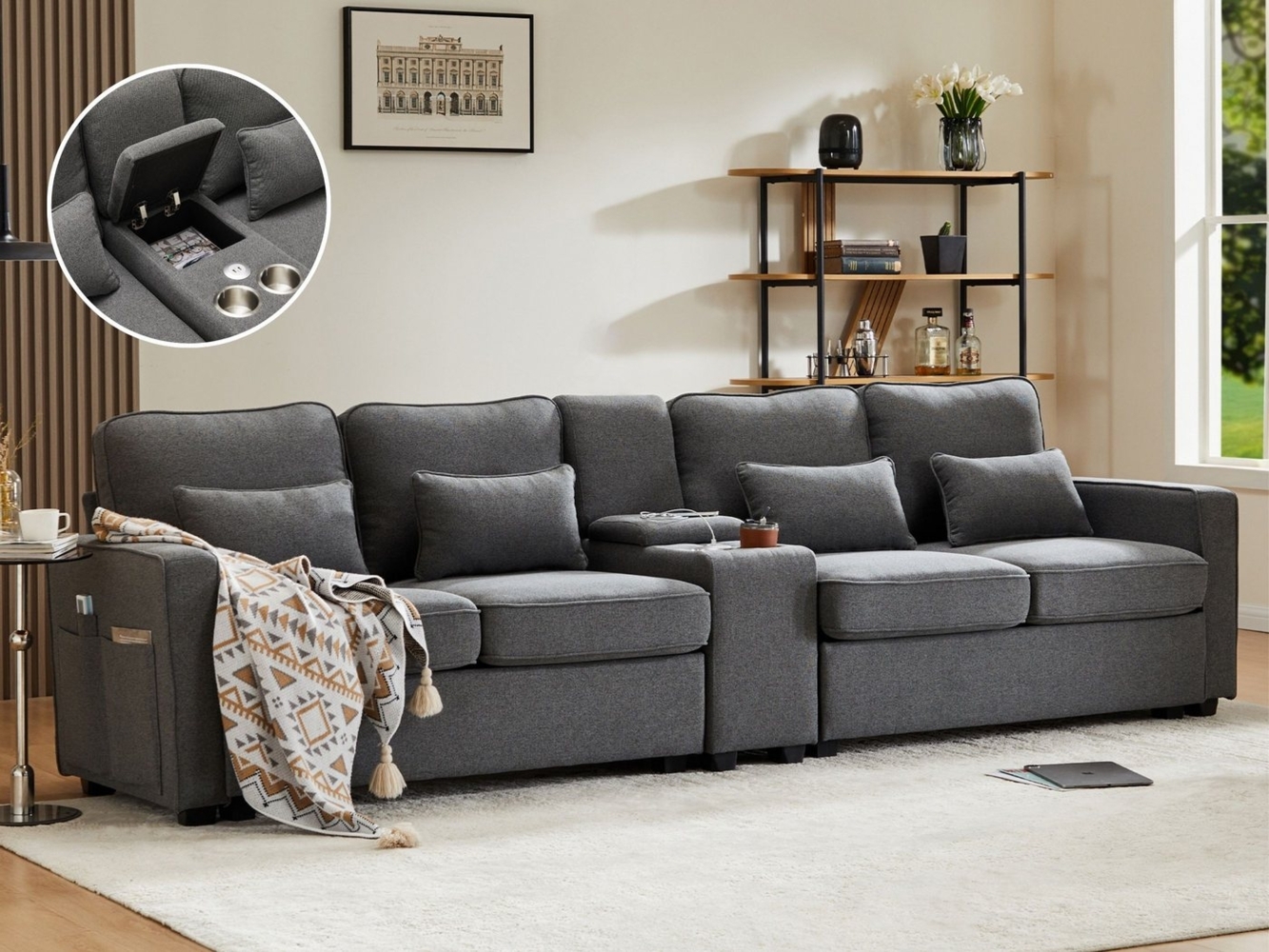 SeedWave Big-Sofa 4-Sitzer Sofa mit Konsole, Big Sofa breite 260 cm, Leinen Recamiere, Gepolstertes Sofa mit USB-Ladeanschluss, Stauraum Bild 1