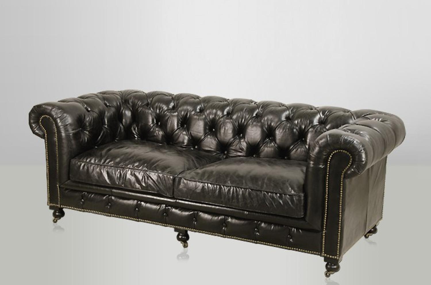 Chesterfield Luxus Echt Leder Sofa 2.5 Seater Vintage Leder von Casa Padrino Ebony Bild 1