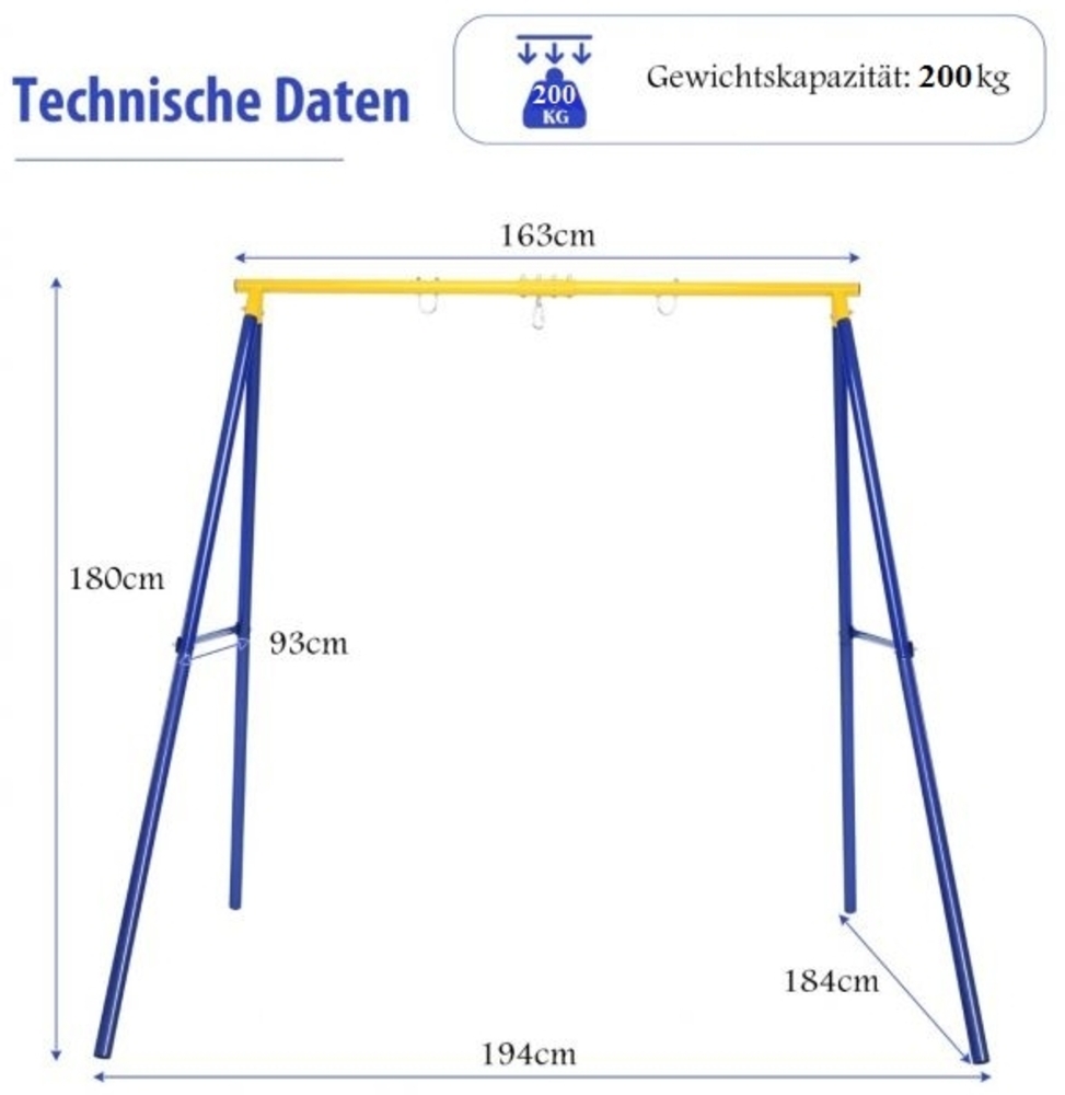 Robustes Metall-Schaukelgestell A-Rahmen Gartenschaukel Gestell 194 x 184 x 180 cm Blau + Gelb Bild 1