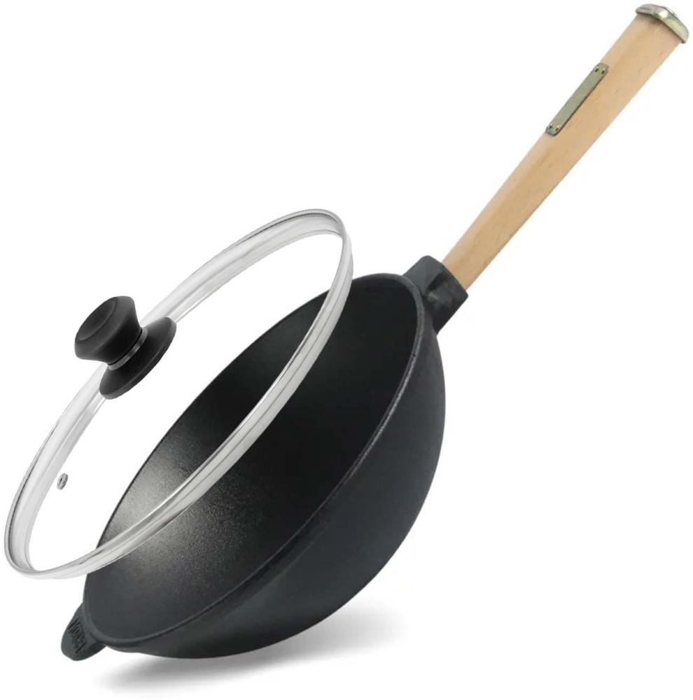 Wok Bratpfanne Ø24 cm 2,2 L aus Gusseisen mit Holzgriff Glasdeckel Asia Wokpfanne Induktion Bild 1